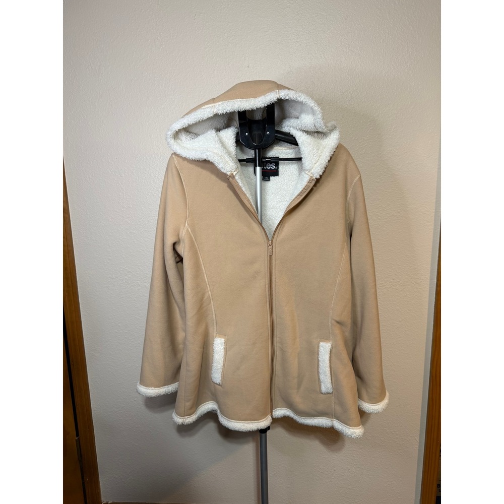 Totes Womens Tan Fleece Sherpa Lined Hooded Full Zip Jacket Large L Camel Warm